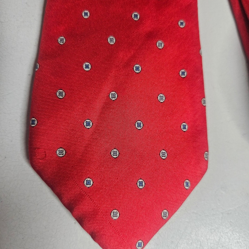 Christian Dior Red Silk Medallion Geometric Necktie Made in USA Italian Fabric